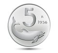 5 Italian lira with the image of a dolphin isolated on white background.